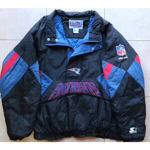 New England Patriots 90s STARTER puffer 1/2 Pullover jacket XL black NFL Pro vtg